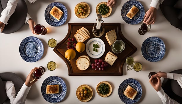 Gourmet Dinner with Blue and White Plates photo