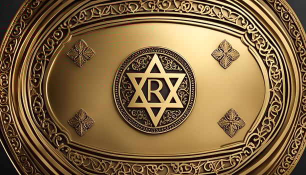 Ornate Golden Emblem with Star of David and Letter R photo