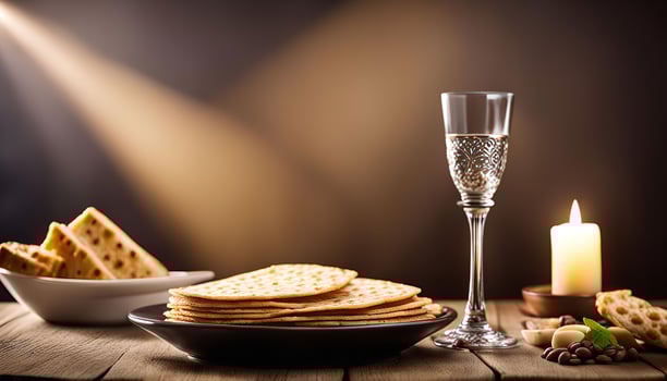 Passover Seder Plate with Matzah, Wine, and Candle photo