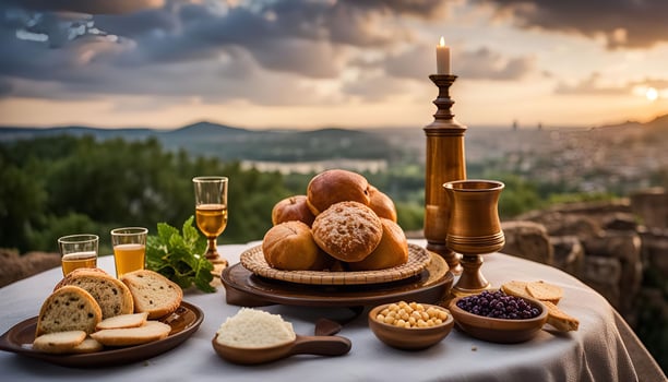 Sunset Feast with Bread, Wine, and a City View photo