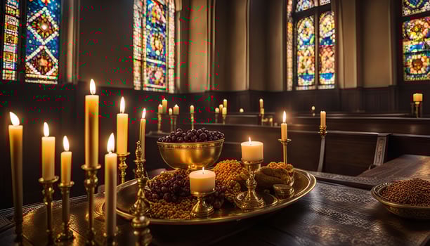 Candlelit Table in a Church with Stained Glass Windows photo
