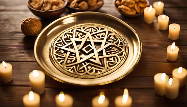 Ornate Brass Plate with Arabic Calligraphy and Candles photo