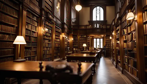 Classic Library Interior with Wooden Bookshelves photo