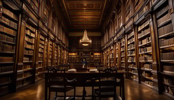 Grand Library with Wooden Bookshelves and a Chandelier photo