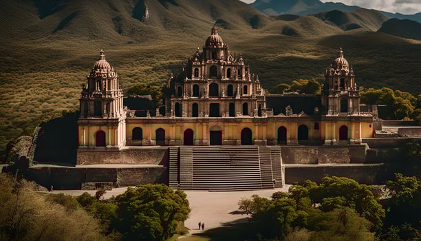 Ancient Temple Architecture in a Mountainous Landscape photo