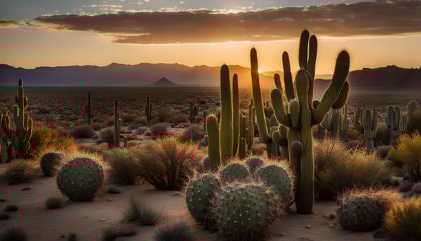 Sunset Over a Desert Landscape with Cacti photo