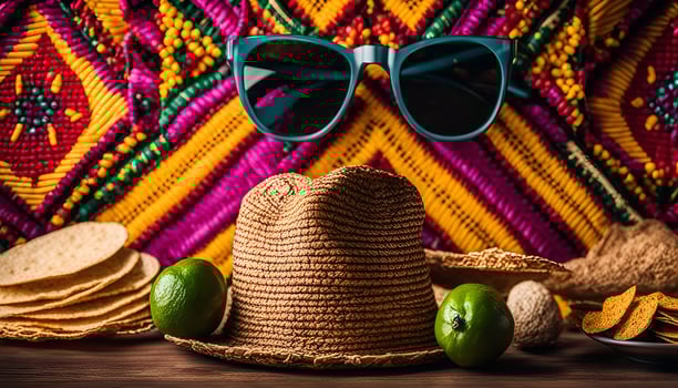 Summer vibes with sombrero, sunglasses and chips on wooden background photo