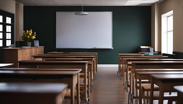 Empty Classroom with Wooden Desks and Whiteboard photo