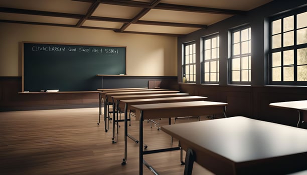 Empty Classroom with Desks and Chalkboard photo