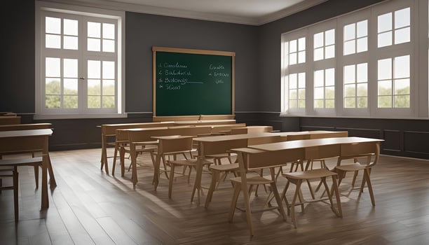 Empty Classroom with Wooden Desks and Green Chalkboard photo