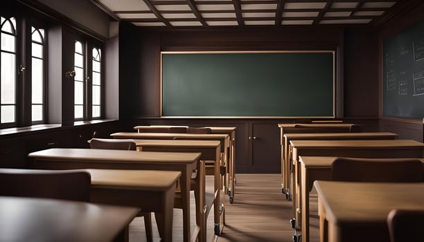 Empty Classroom with Wooden Desks and a Green Chalkboard photo