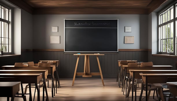 Empty Classroom with Chalkboard and Wooden Desks photo