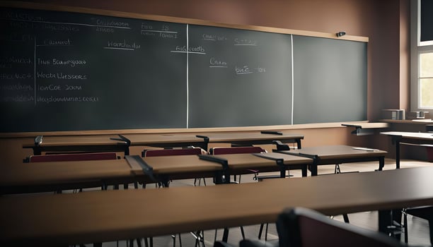 Empty Classroom with Chalkboard and Desks photo