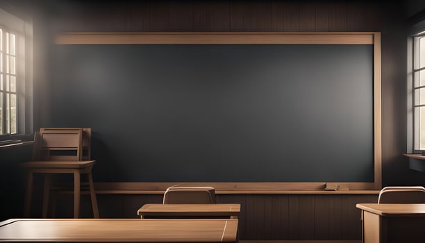 Empty Classroom with Chalkboard and Wooden Desks photo