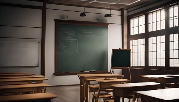 Empty Classroom with Chalkboard and Desks photo