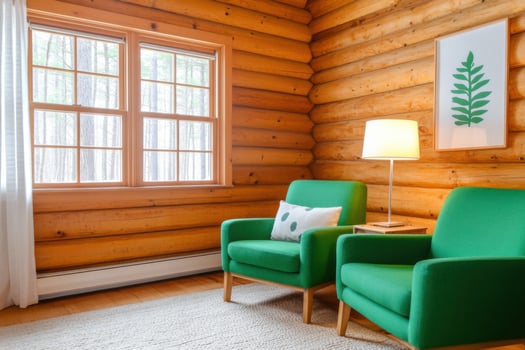 Cozy cabin interior showcasing vintage decor with green armchairs and warm wooden walls, perfect for relaxation photo
