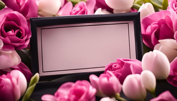 Blank Frame Surrounded by Pink Roses and Tulips photo