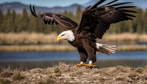 Majestic Bald Eagle Soaring Over a Tranquil Lake photo