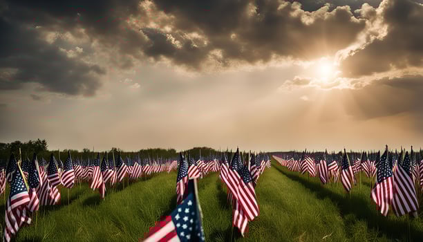 Field of American Flags at Sunset photo