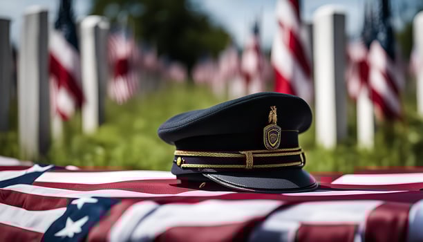 Military Hat on American Flag photo