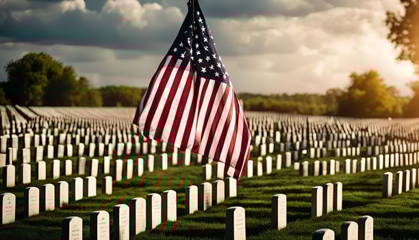 American Flag Over a Field of Grave Stones photo