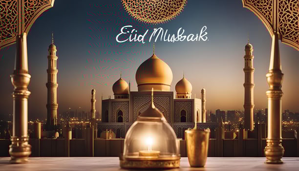 Eid Mubarak Celebration with a Mosque View photo