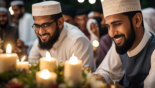 Two Men in Traditional Attire Smiling at a Table with Candles photo