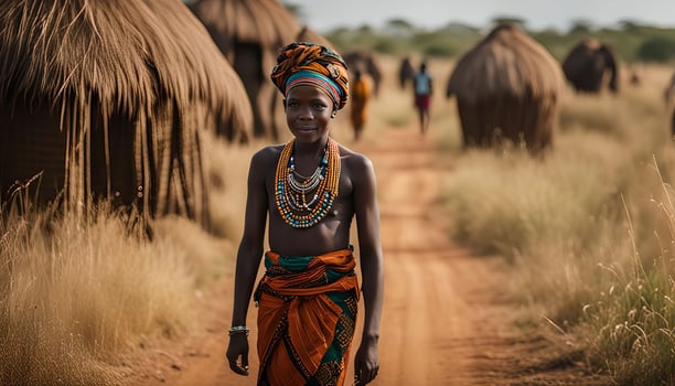 African Woman in Traditional Attire Walking Through Village photo