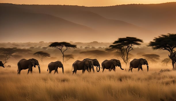 Elephant Herd Walking Through African Savannah at Sunset photo