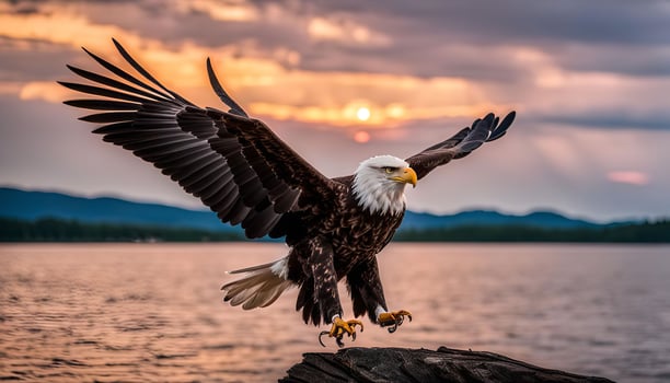 Majestic Bald Eagle Landing on a Log at Sunset photo