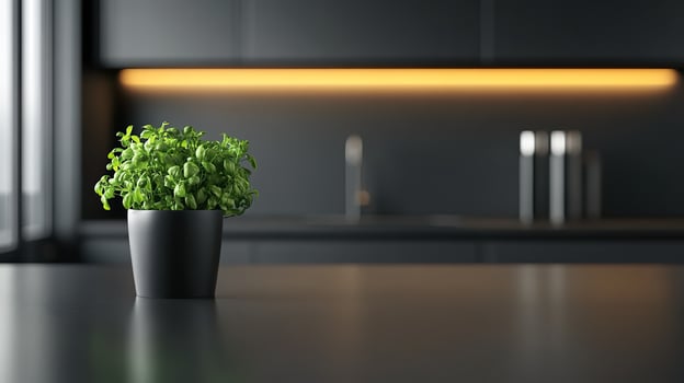 Elegant modern black kitchen with fresh herbs and sleek countertops. photo