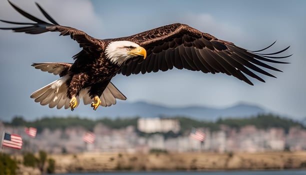 Bald Eagle in Flight Over American Flags photo