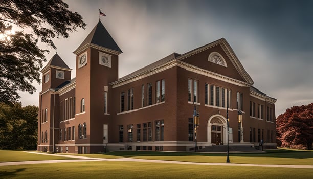 Classic Brick Building with Towers and American Flag photo