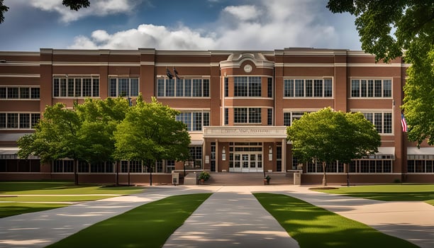 Brick Building with Green Grass and Trees photo