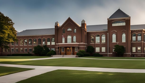 Historic Brick Building with a Green Lawn photo