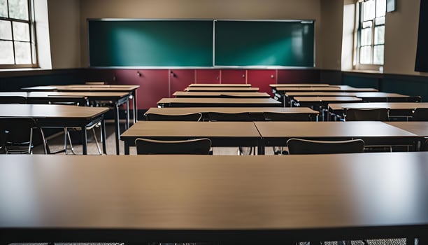 Empty Classroom with Desks and Chairs photo