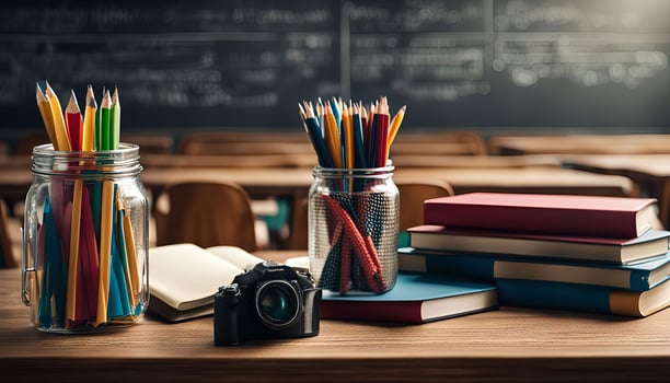 Classroom Still Life with Colored Pencils, Books, and a Camera photo