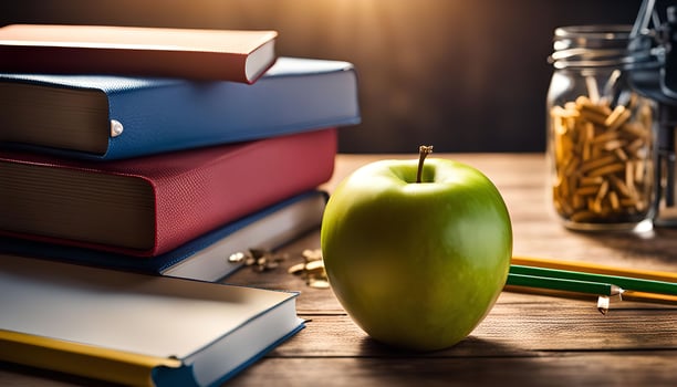Green Apple and Books on a Wooden Table photo