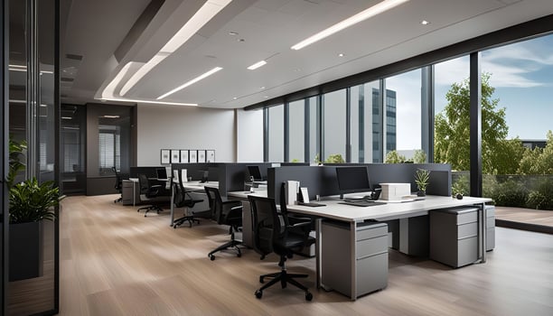 Modern Office Interior Design with Desk, Chairs, and Large Windows photo