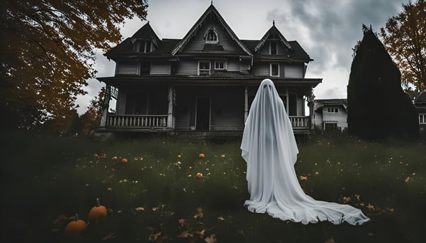 Spooky Ghost in Front of Haunted House photo