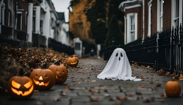 Spooky Halloween Scene with Jack-o-Lanterns and Ghost photo