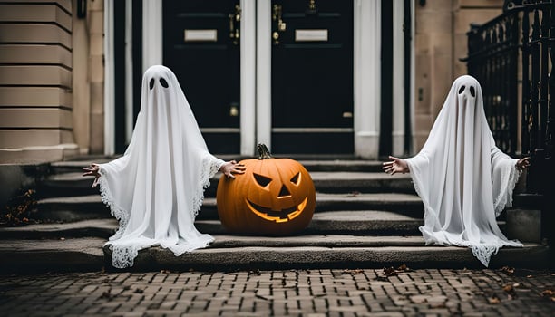 Two Ghosts on a Porch with a Pumpkin photo