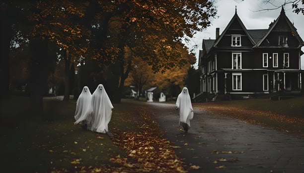Spooky Halloween Ghosts Walking by Haunted Mansion photo