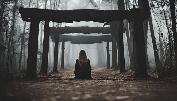 Mysterious Woman Sitting Alone in a Foggy Forest photo