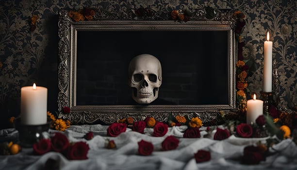 A Still Life Featuring a Skull in a Frame with Flowers and Candles photo
