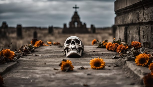 Skull and Flowers at Cemetery photo