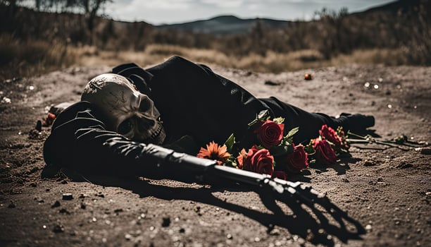 Skeleton with Roses in a Desert Setting photo