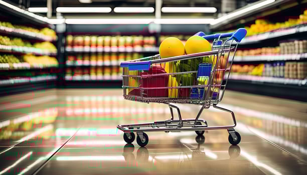Shopping Cart in Supermarket Aisle photo