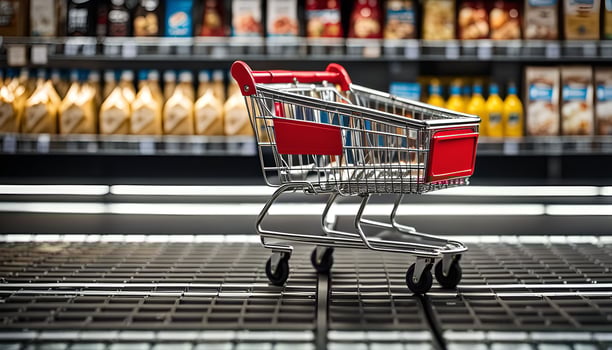 Shopping Cart in Supermarket Aisle photo