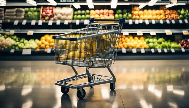 Shopping Cart in a Grocery Store Aisle photo